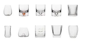 Collection of various creative whiskey and glass tumblers in high-quality clear crystal