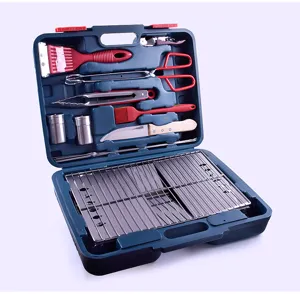 Portable stainless steel BBQ grill set organized in a durable blue carrying case