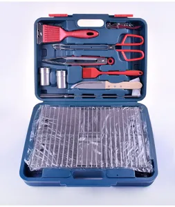 Full professional portable stainless steel BBQ grill set with tools in blue carrying case