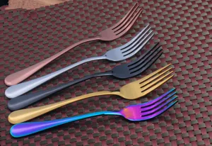 Detail of colorful stainless steel forks in rose gold, silver, black, and rainbow colors.
