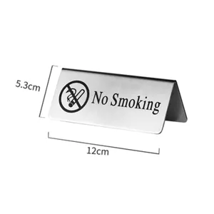 Stainless steel table no smoking sign, durable triangular metal desk plaque, 12x5.3cm size.