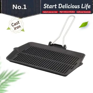 Detailed view of cast iron steak grill pan with a foldable wire handle