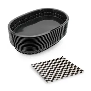 Lot de paniers en plastique noir de 9 pouces et feuilles de papier sulfurisé à carreaux