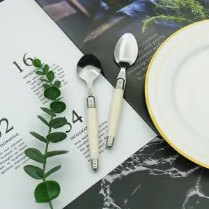 Close-up of Laguiole ivory white ABS handle spoons featuring signature bee emblem