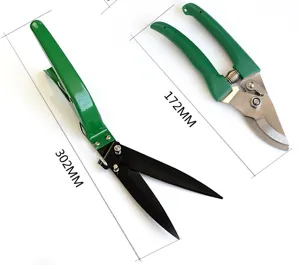 Garden pruning shears detail view, dual green handle gardening scissors with size marks.