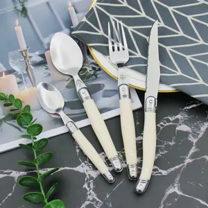 Laguiole Style Stainless Steel Cutlery Set Ivory White ABS Handle Mirror Polished Dinner Knife Fork Spoon Bee Logo Tableware