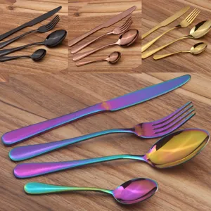 Elegant 4-piece stainless steel cutlery set in rainbow, gold, black, and rose gold finishes.