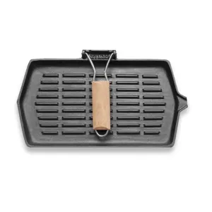 Premium rectangular cast iron steak grill pan with folding wooden handle design