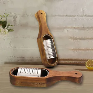 Rallador de queso de acero inoxidable con caja de madera de acacia herramienta cocina