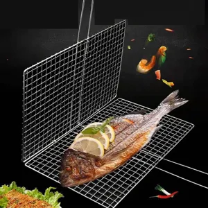 Canasta de acero inoxidable para asar pescado con malla plegable para barbacoa y parrilla