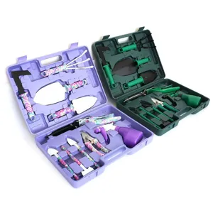 Garden tool set with storage case, includes trowel cultivator pruner and spray bottle for plants.