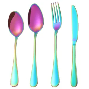 4-piece rainbow stainless steel cutlery set with iridescent finish for modern dining
