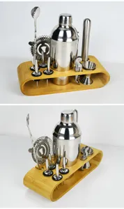 Detailansicht eines 12-teiligen Cocktail-Shaker-Sets aus Edelstahl mit Bambusständer