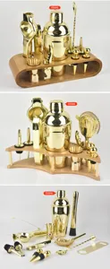 Detailliertes 12-teiliges goldfarbenes Cocktail-Shaker-Set aus Edelstahl mit 550ml und Holzständer