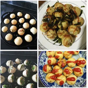 Durable cast iron 19-hole Takoyaki pan for commercial use showing cooking results