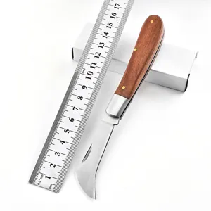 Navaja para setas plegable de acero inoxidable con mango de madera y escala de medición