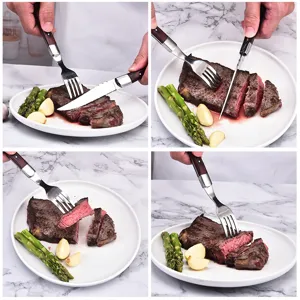 Roestvrijstalen steakmes- en vorkset met ergonomische donkere houten handgrepen