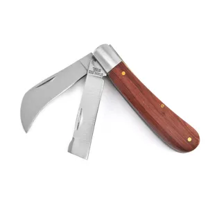 Navaja de electricista plegable profesional de acero inoxidable con mango de madera natural
