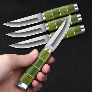 Vista detallada de un cuchillo multiuso afilado con un mango verde con vetas de madera