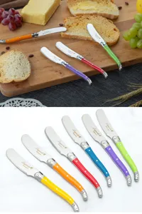 Detailed view of colorful stainless steel butter knives cheese spreaders with elegant design.