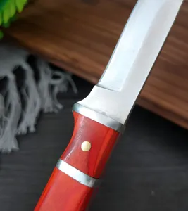 Dettaglio di un coltello da carne in acciaio al carbonio con manico in legno arancione.
