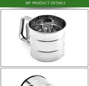 Interior view of stainless steel handheld flour sifter showing capacity markings