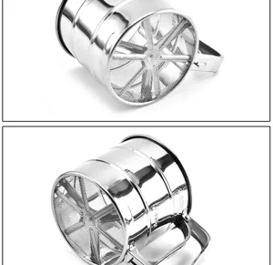 Close-up of stainless steel hand flour sifter showing fine mesh and handle mechanism