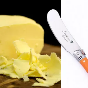 Stainless steel butter knife with orange handle and french style bee logo for cheese.