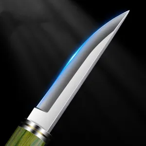 Primer plano de un cuchillo multiusos de acero inoxidable con mango de madera verde
