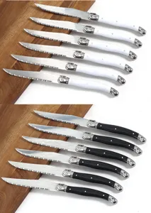 Stainless steel steak knife set with laser pattern serrated blade and plastic handle for dining.