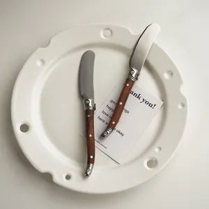 Detailed view of Laguiole butter knife with wooden handle and stainless steel blade on plate.