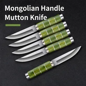 Juego de 5 cuchillos mongoles para cordero con mangos de madera verde para exteriores