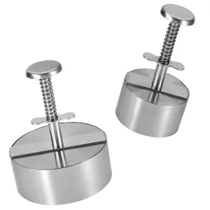 Stainless steel hamburger press patty maker, manual burger meat mold kitchen tool.