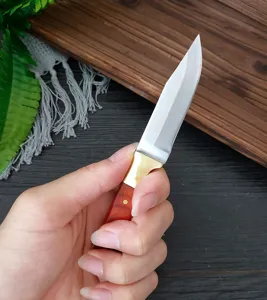 Primo piano di un coltello da frutta fatto a mano con manico in legno rosso e ghiera in ottone.