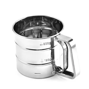 Handheld stainless steel semi-automatic flour sifter for baking with measurement marks