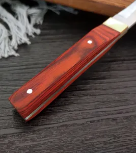 Dettaglio macro che mostra l'impugnatura in venatura di legno rosso e i rivetti del coltello