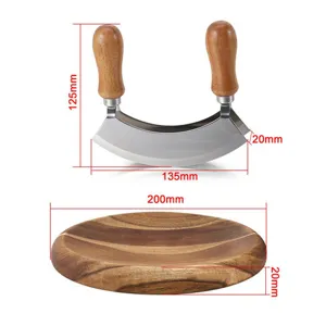 Stainless steel acacia wood mezzaluna herb rocker knife set with round wooden bowl