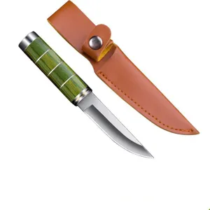Cuchillo de picnic para exteriores afilado con mango de madera verde y funda de cuero marrón