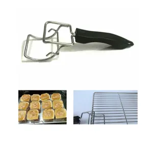 Chrome-plated oven pan gripper with black heat-insulated handle for safe baking trays.