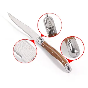High quality stainless steel steak knife with wooden handle, laser pattern, serrated blade.