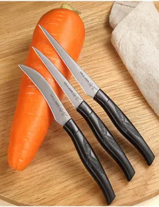 Close-up of stainless steel carving knife set for food and fruit platter