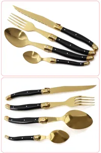 Elegantes 4-teiliges goldenes Besteckset aus Edelstahl mit schwarzen Laguiole-Griffen