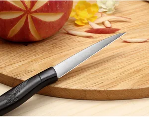 Close-up view of stainless steel carving knife blade and embossed eagle handle