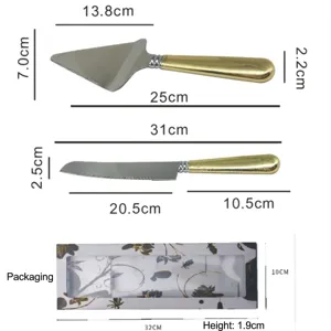 Set di coltello e paletta per torta in acciaio inossidabile dorato con dimensioni e scatola