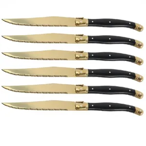 Set di coltelli da bistecca Laguiole in acciaio inossidabile dorato e manico nero.