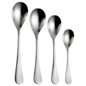 Set of stainless steel oval teardrop spoons in four sizes on white background