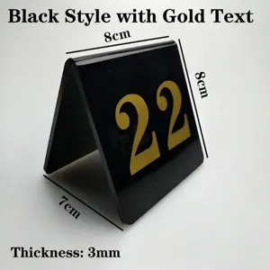 Black acrylic V-shaped restaurant table number plate with gold silk-screen lettering
