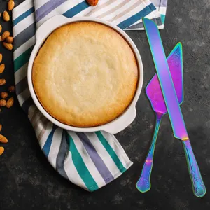 Rainbow iridescent stainless steel cake knife and server set with floral engraving