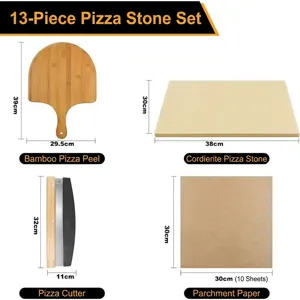 Set completo di pietra per pizza quadrata in cordierite con pala in bambù e misure