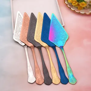 Detailed view of ornate 304 stainless steel cake servers in six vibrant colors